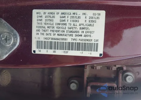 2008 Honda Accord 3.5 Ex-L из США, поврежденный, VIN 1HGCP36848A039561